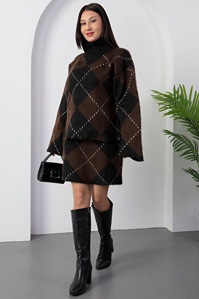 PULLIMM Fleece-Lined Knitwear Set with Baklava Pattern Skirt L8014