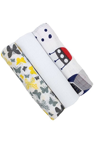 PRICHINDEL Set de 3 cârpe de muselină, Fluture cu rachete, 80 x 70 cm