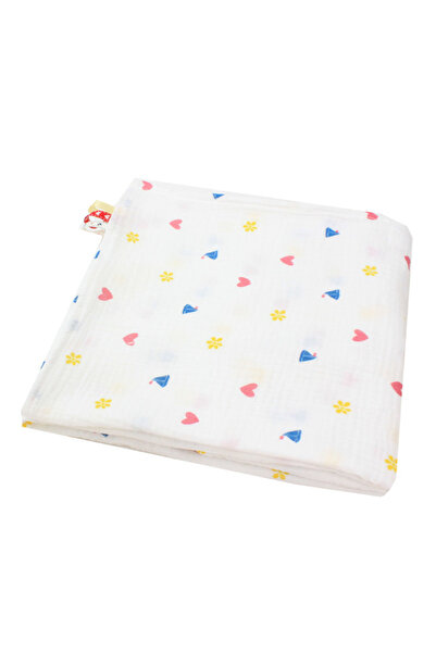 PRICHINDEL Pătură de muselină Maxi, Inimi și Bărcuțe, Alb, 100 x 135 cm