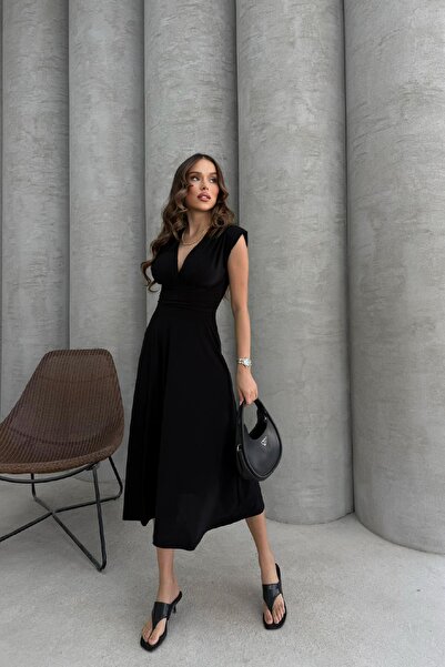 RB CLUB فستان نسائي برقبة على شكل حرف V مكون من حشوة كتف قطع باللون الأسود