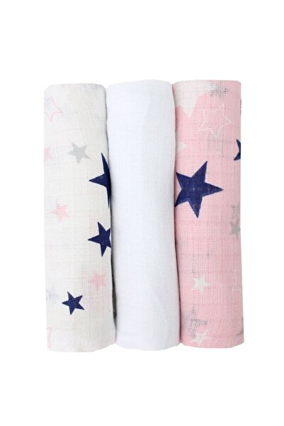 PRICHINDEL Set de 3 scutece din muselină, roz și alb cu steluțe bleumarin, 75...