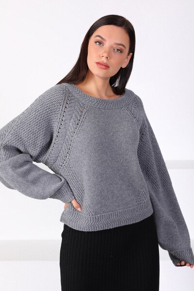 Ferraro Gray Round Neck Wool Women's Knitwear Sweater