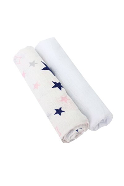 PRICHINDEL Set de 2 scutece din muselină, albe cu steluțe roz, 75 x 70 cm