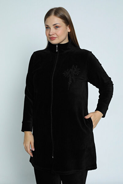 İntensive Women's Black Plus Size Long Sleeve Cotton Stone Detailed Velvet Bottom Top Tracksuit Set