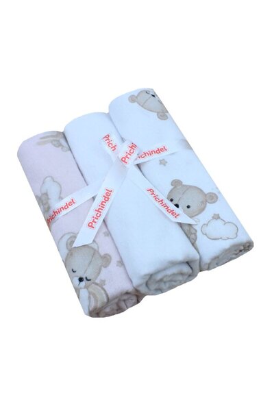 PRICHINDEL Set de 3 scutece din bumbac, Ursuleț pe nor, roz și crem, 80 x 70 cm