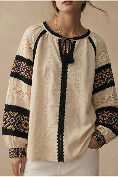 FEMELLE Women's Beige Collar Tassel Sleeves Cotton Blouse with Lace Detail