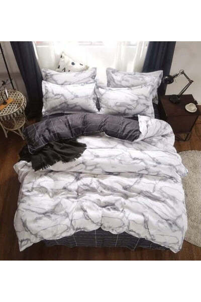 trendyhome Double Bed Linen, Satin Cotton 4-Piece – Marble White/Grey