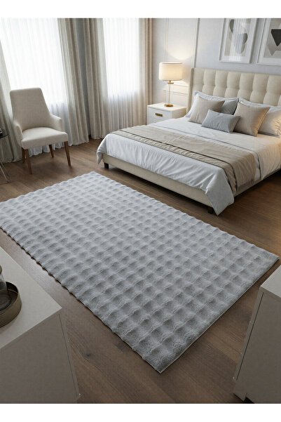 Rose'n Home TAVŞAN BUBBLE GRİ - Kaymaz Dokuma Taban Tavşan Shaggy Yatak Odası...