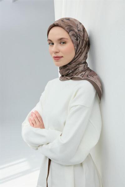 Silk Home Viscose Scarf Dark Mink Stone Patterned Soft Textured Tok Duruşlu 90X90