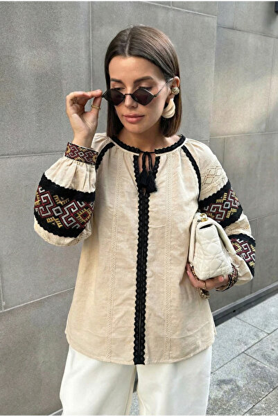 FEMELLE Women's Beige Collar Tassel Sleeves Cotton Blouse with Lace Detail