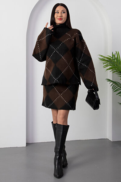 PULLIMM Fleece-Lined Knitwear Set with Baklava Pattern Skirt L8014