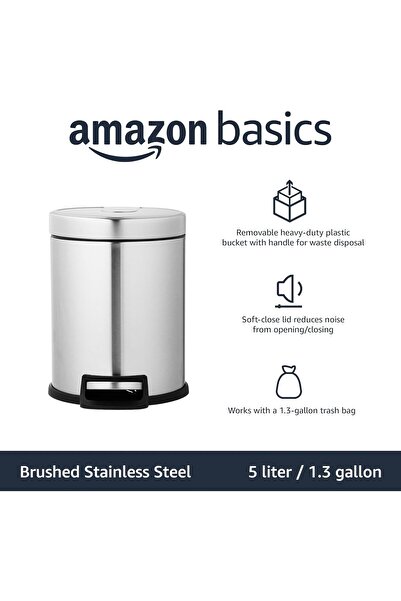 Amazon basics Stainless Steel Round Dustbin, 5 L / 1.3 Gal, Brushed Finish