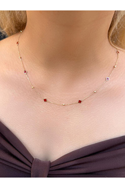UZUNDAĞ KUYUMCULUK 14 Altın Kırmızı Mineli Yonca Kolye