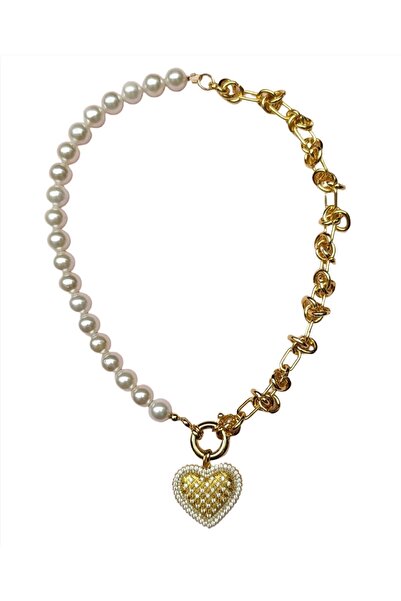 House of Crystals Colier Placat cu Aur cu Pandantiv Inima si Perle Caroline