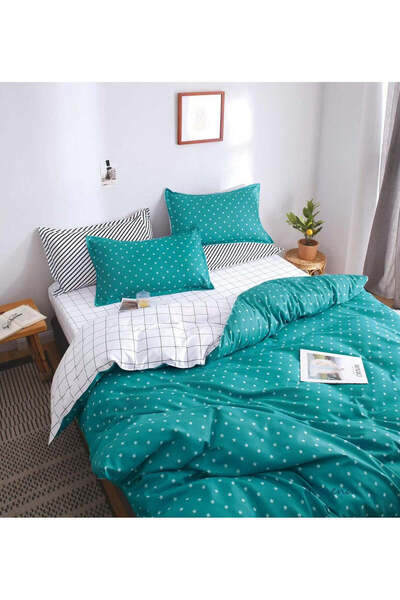 trendyhome Double Bed Linen, Satin Cotton 4 Pieces – Stars/Checks, Turquoise/White