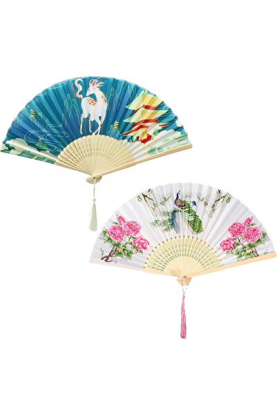 KASTWAVE Folding Hand Fans 2-Pack, Chinese Vintage Style Blue Bamboo with Tassel