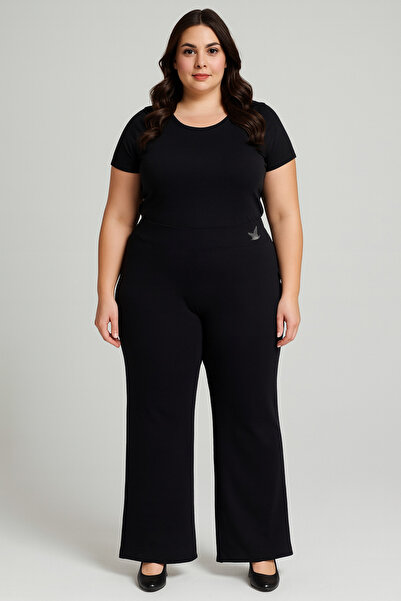 MİRA BUTİK Plus Size Black Relaxed Fit High Waist Women's Pants with Pockets