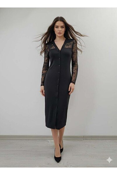 BÜŞRA TEZEL MODA Women's Long Sleeve See-Through Detail Midi Length Dress