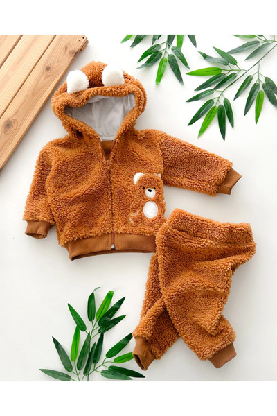hümabebe Yanda Teddy Bear Embroidery Hooded-Piece Welsoft Winter Set with Zipper