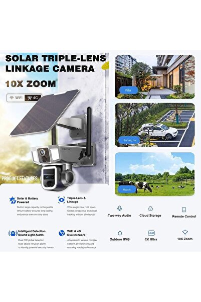 Generic CRONY Solar Security Camera - 4K Night Vision, Triple-Lens 10X Zoom, 4G/Wi-Fi, PTZ, IP66