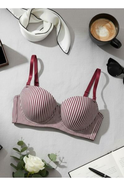 Comfort Women’s Padded Striped Memory Foam Bra – Non-Wired, Everyday – Maroon
