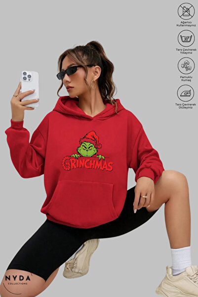 Nyda Collections Unisex Hoodie Long Sleeve Grinchmas Printed Hooded Fleece-Lined Oversized Cotton Sweatshirt