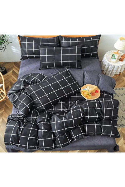 trendyhome Double Bed Bedding, Satin Cotton 4 Pieces – Checkered, Black/White