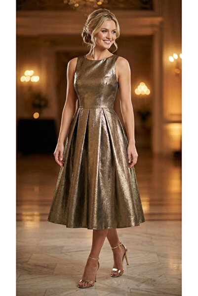 Snobistic Gold Midi Dress with Metallic Effect – Elegant for Occasions