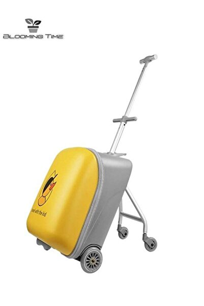 BLOOMING TIME حقيبة أمتعة للأطفال قابلة للركوب مع مقعد للأطفال، مقاس 20 بوصة، رمادي/أصفر