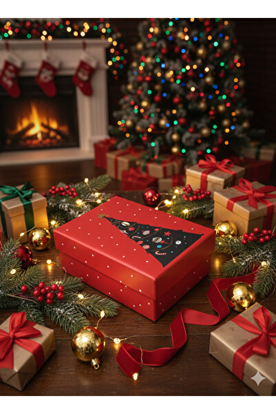 DODOMAR 20,5x14,5x8,5 cm – Yılbaşı Çam Ağacı Desenli Lüks Hediyelik Karton Kutu Dikdörtgen