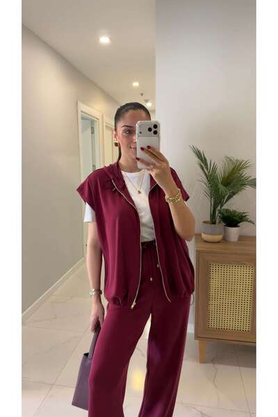 BİRCANÇİL Onwey Burgundy Zippered Vest Pants Modal Set