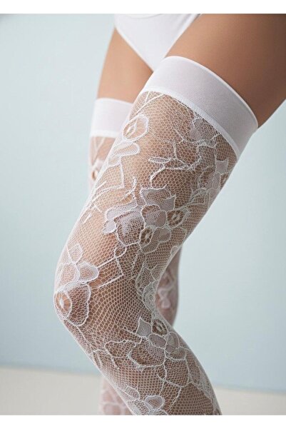 DÜVEN Floral Patterned Lace White Garter Stockings