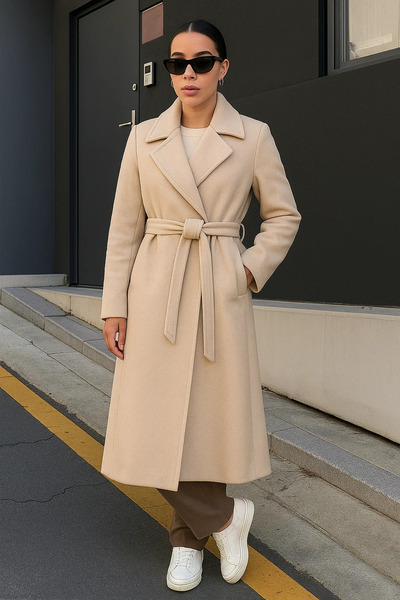 comstar Trend basic pentru femei, haină lungă cu două rânduri de nasturi cremă