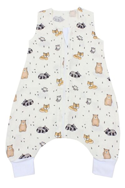 PRICHINDEL Summer sleeping bag with legs, Raccoon and Bear, muslin, white