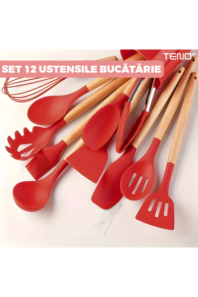 Teno ® 12-Piece Kitchen Utensil Set, food-grade silicone, heat-resistant, non-stick, red