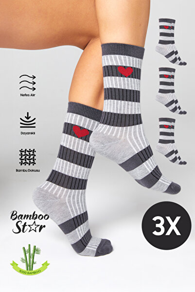 bamboo star Women's Gray-Smoked Socket Stitch-Free Heart Patterned Socks 3-Pack Non-Squeezing Socks / Does Not Leave Marks
