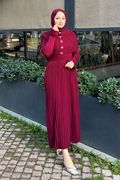 Ovn. Pelerinli İki Parça Triko Elbise - Bordo