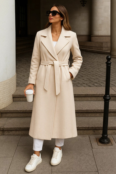 comstar Γυναικείο Χειμερινό Παλτό με Ζώνη Μακρύ διπλό πέτο Κρεμ Κασέ