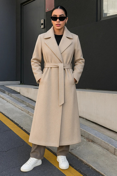 comstar Trend basic pentru femei, haină lungă cu două rânduri de nasturi cremă