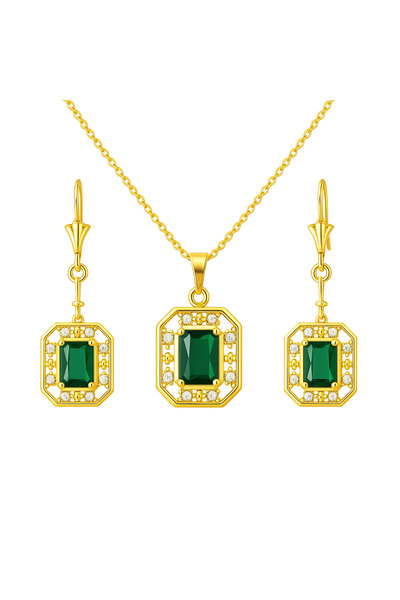 AFRODİTGOLDBUJİTERİ Gold yeşil zümrüt kolye küpe set