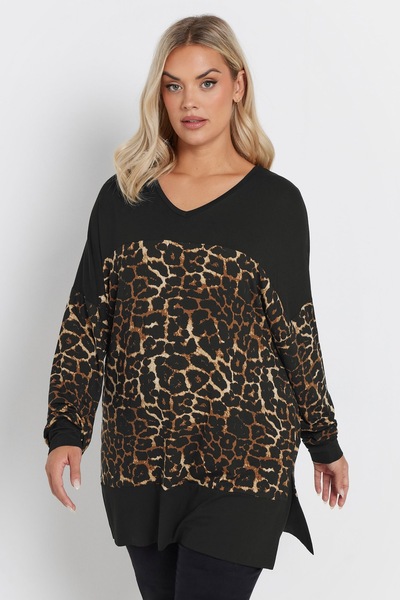Stil Diva Plus Size V-Neck Long Sleeve Leopard Print T-Shirt 303784