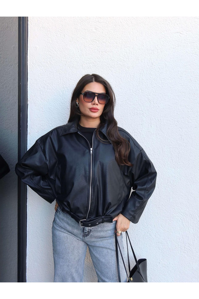 ModaLavida Kemer Detay İçi Peluş Kadın Bomber Deri Ceket