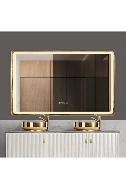 Smack SanitLed Mirror, 110x70 Cm, Gold, Led Clock, Cold, Warm, Neutral Light, Touch Sensor