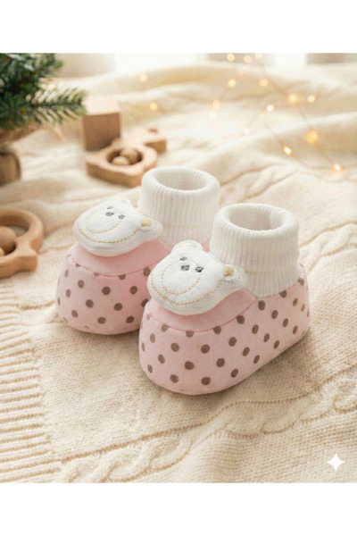 CloudStone Kız Bebek Ayıcık Figürlü Pembe Puantiyeli Pamuklu Patik Çorap
