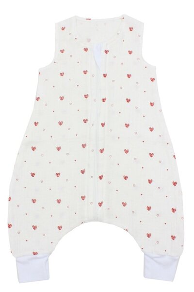 PRICHINDEL Summer sleeping bag with legs, red hearts, muslin, white