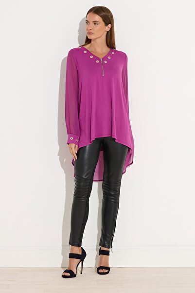 Stil Diva Plus Size V-Neck Long Sleeve Tulle Detail Asymmetric Cut Blouse 110881