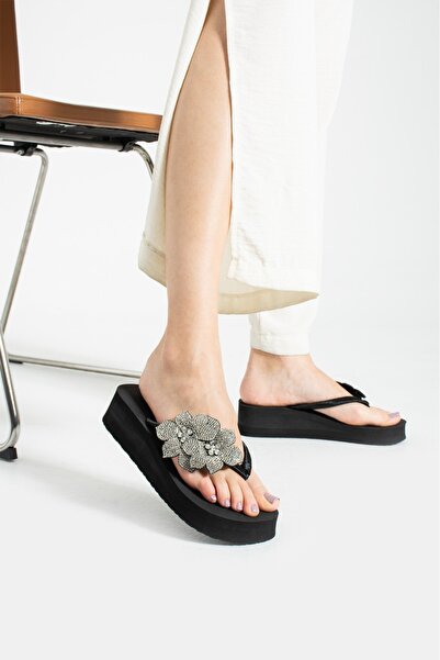 Evalupe Ann Gümüş Taşlı Kadın Parmak Arası Terlik Plaj Terlik Platform Terlik...