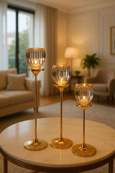 Arma House 3'lü Gold Lüx Kristal Cam Şamdan Seti
