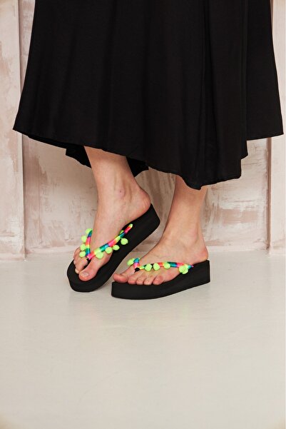 Evalupe Allson Colorful Pom Pom White Women's Flip Flops Beach Slippers Platf...