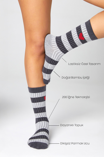 bamboo star Women's Gray-Smoked Socket Stitch-Free Heart Patterned Socks 3-Pack Non-Squeezing Socks / Does Not Leave Marks